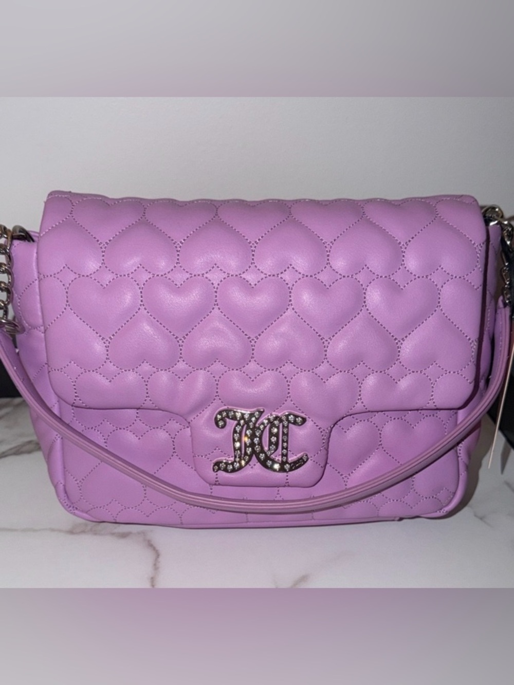 Juicy Couture Lavender Quilted Heart Shoulder Bag with Rhinestone Logo